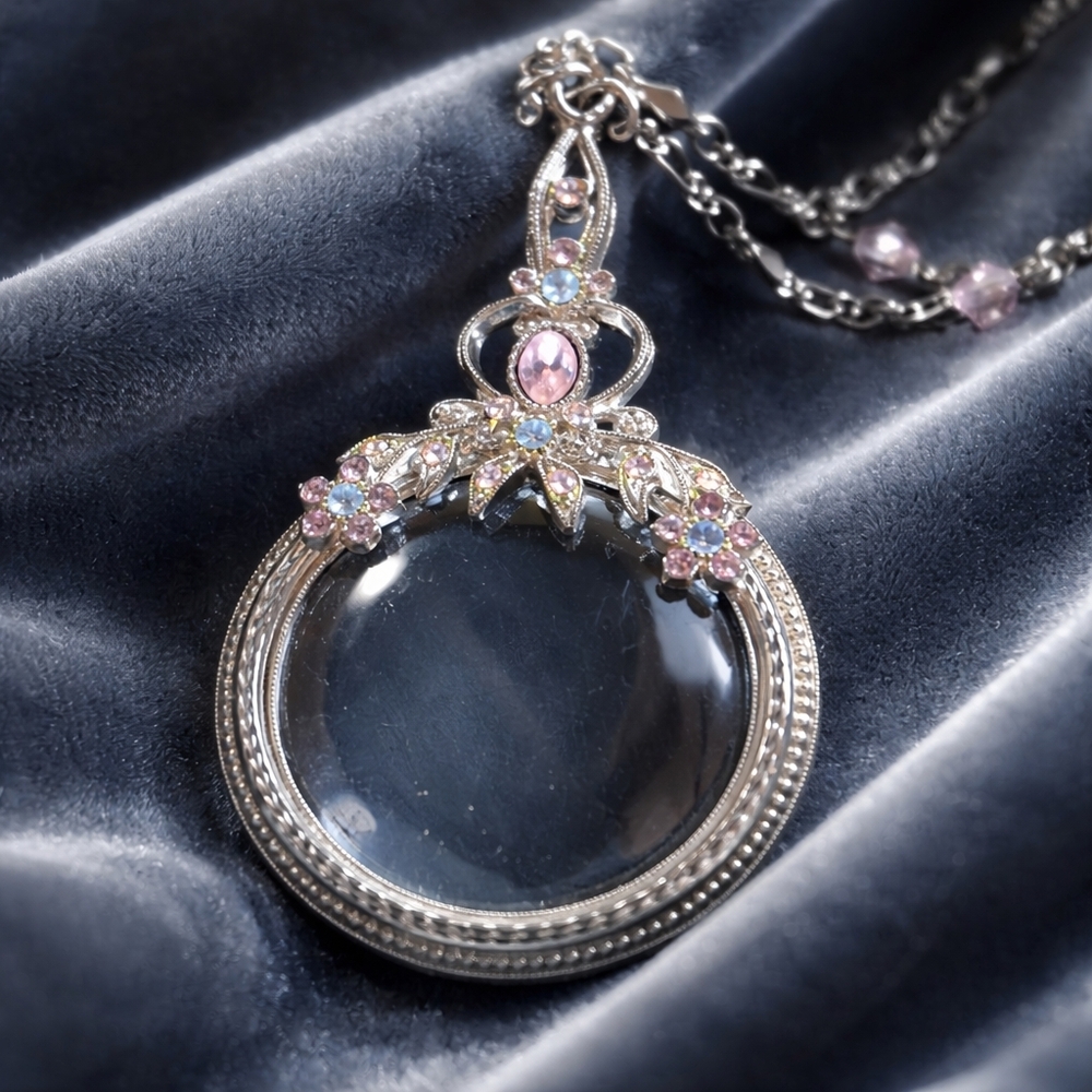 1928 Magnifying Necklace with Pink and Blue Accents